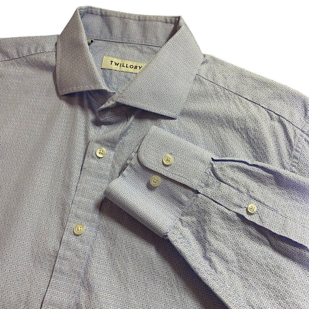 Twillory Shirt 16.5 34/35 Tailored Fit Blue Geo Printed Long Sleeve Button Up